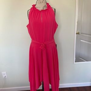 Eliza J coral dress with handkerchief hem.